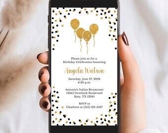 Black & Gold Glitter Birthday Evite Template, Smartphone Invite, BG1