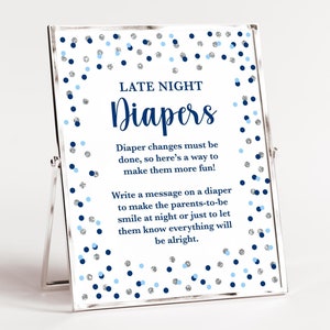 Blue Late Night Diapers Baby Shower Shower Sign, Dark & Light Blue Confetti Shower Activity Sign, 2 Sizes, INSTANT DOWNLOAD, DKB