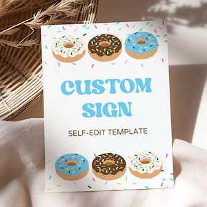 ブルードーナツスプリンクルシャワーサインテンプレート：編集可能なCanvaデザイン（5x7インチと8x10インチ）、生年月日