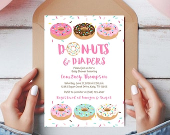 Pink Donuts & Diapers Baby Shower Invitation Template, Self Edit, DOP