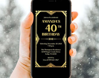 Plantilla de Evite para fiesta de cumpleaños de Gatsby, invitación para smartphone de los locos años 20, autoedición, Canva