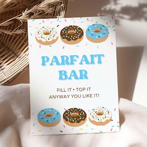 Letrero de barra de parfait de donuts, fiesta de cumpleaños con donuts azules, 2 tamaños, descarga instantánea, fecha de nacimiento
