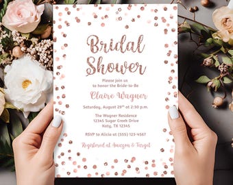 Rose Gold Glitter Bridal Shower Invitation Template, Self-Edit, RG1