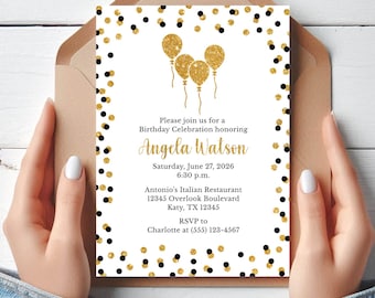 Black & Gold Birthday Invitation Template, Self-Edit, BG1