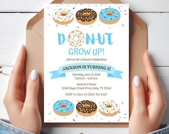 Editable Blue Donut Grow Up Birthday Invitation Template, DOB