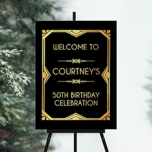 Gatsby Welcome Sign Template: Roaring 20s Editable Poster (Corjl, 18x24 & 24x36 inches)