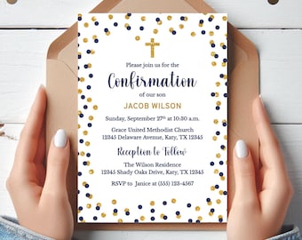 Navy & Gold Confirmation Invitation Template: Self-Edit, NG2