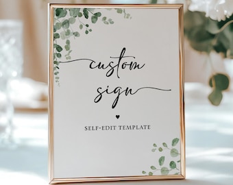 Eucalyptus Greenery Custom Table Sign Template, Self-Edit