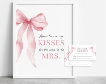 Pink Bow Guess Kisses Bridal Shower Sign & Tickets Template, Self-Edit