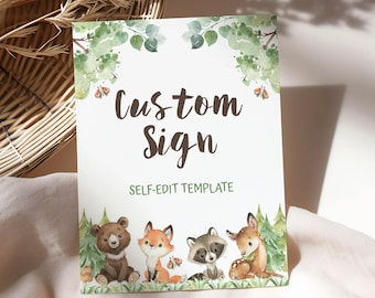 Woodland Animals Custom Shower Table Sign Template, Self-Edit