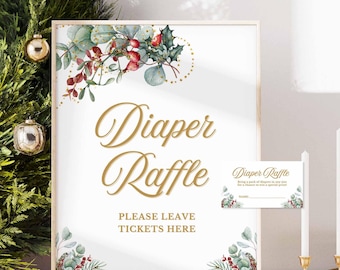 Winter Christmas Diaper Raffle Baby Shower Game Sign & Tickets, Instant Download, WCB