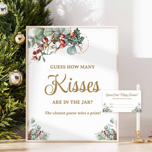 Christmas Guess How Many Kisses Shower Game Sign & Tickets Template, Self-Edit, WCB