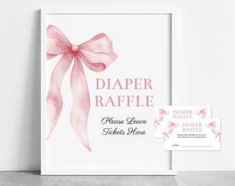 Pink Bow Diaper Raffle Sign & Tickets Template, Self-Edit