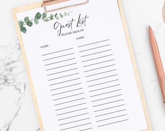 Eucalyptus Guest List Printable Sign-In Sheet, Greenery Shower, 8.5x11, Instant Download