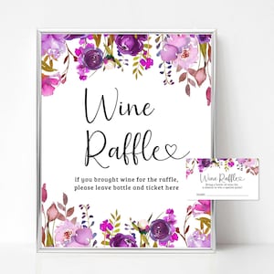 Placa e ingressos para chá de panela com rifa de vinho roxo, rifa de chá de panela com flores roxas, DOWNLOAD INSTANTÂNEO