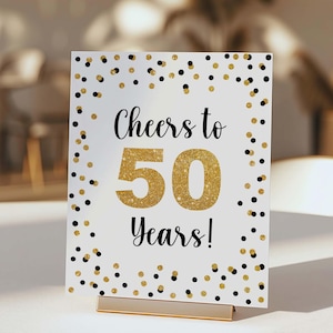 50周年を祝うパーティーサイン、50周年ブラック＆ゴールドグリッター紙吹雪誕生日、記念日サイン、2サイズ、即時ダウンロード、BG1