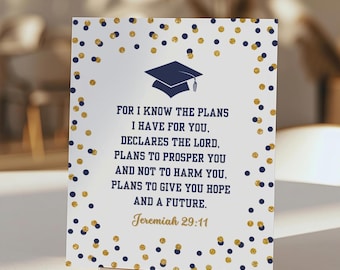 Letrero para mesa de fiesta de graduación con versículo bíblico en azul marino y dorado (descarga digital), NGR