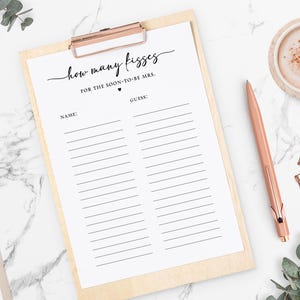 Minimalist Guess How Many Kisses for the Soon To Be Mrs. Bridal Shower Game Sheet Template, Self-Edit, Corjl