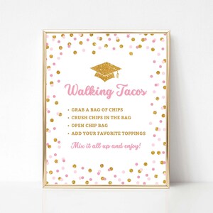 Letrero para fiesta de graduación "Tacos Caminantes Rosas y Dorados", descarga digital, PGR imagen 3