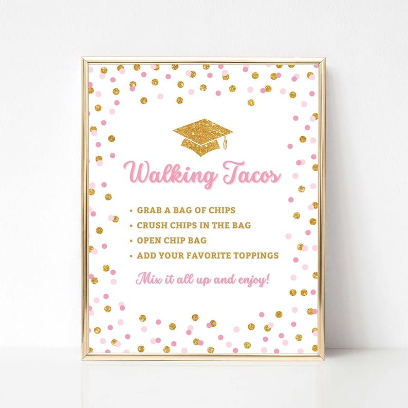 Letrero para fiesta de graduación "Tacos Caminantes Rosas y Dorados", descarga digital, PGR imagen 3