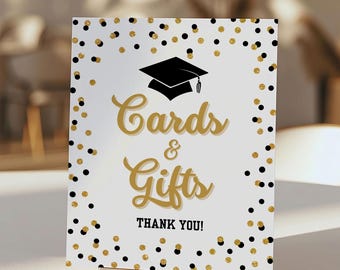 Letrero de fiesta de graduación con purpurina negra y dorada, tarjetas y regalos (descarga digital), BGR