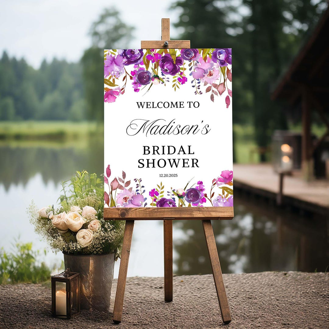 Purple Floral Bridal Shower Welcome Sign Template, 18x24 & 24x36, Self ...