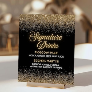 Black & Gold Signature Drinks Bar Menu Sign Template, Self-Edit, Canva, BG2