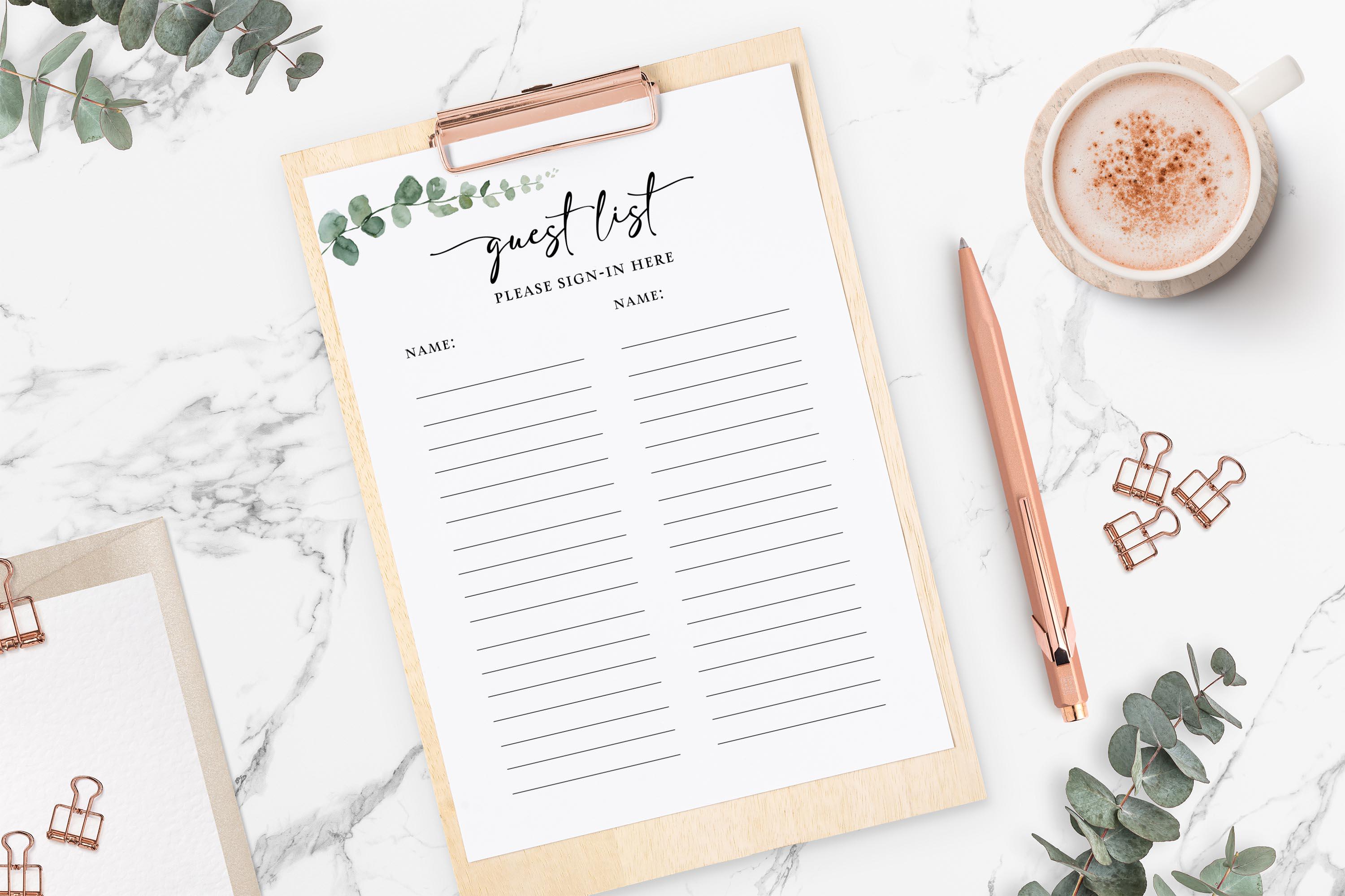Eucalyptus Guest List Sign-in Sheet Template, Self-edit, Corjl - Etsy