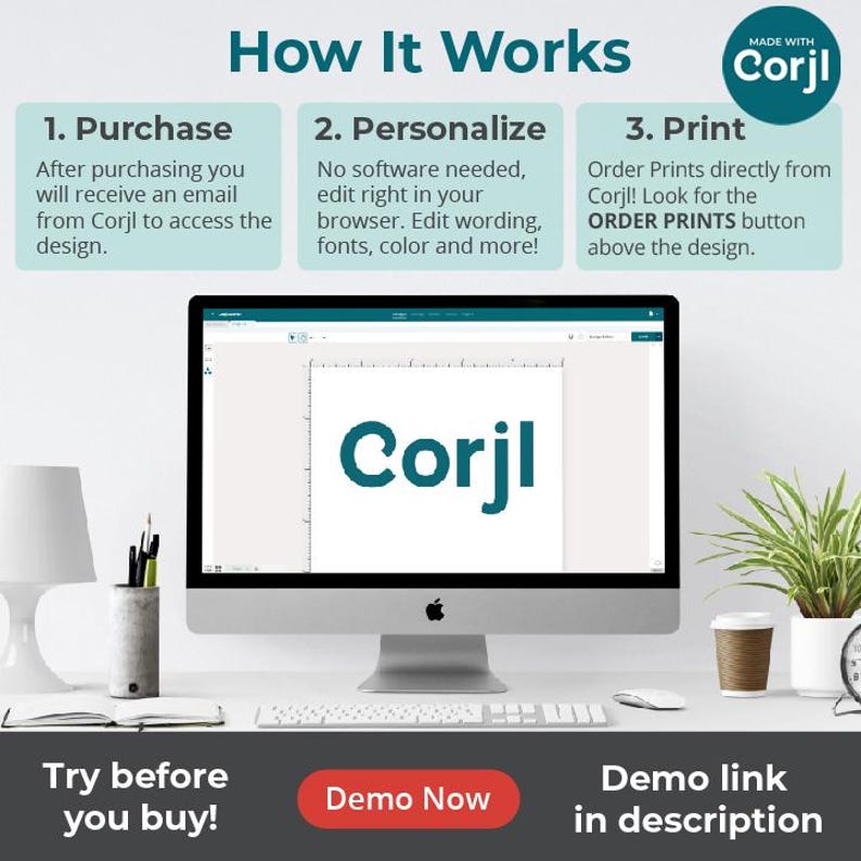 May include: A computer monitor displays the Corjl interface with a white canvas and the text Corjl. Above, three steps explain the process: 1. Purchase, 2. Personalize, and 3. Print. Below the monitor, a red button contains the text Demo Now.