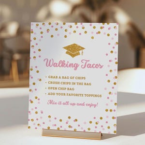 Pink & Gold Walking Tacos Graduation Party Table Sign, 5x7 & 8x10, Digital Download