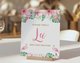 Tropical Pink Flamingo Take a Lei Party Table Sign Template, Self-Edit