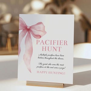 Pink Bow Pacifier Hunt Baby Shower Game Sign Template, Self-Edit