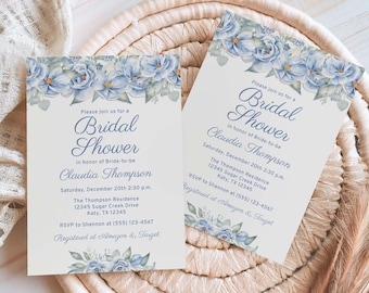 Editable Blue Floral Bridal Shower Invitation Template, Corjl