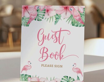 Tropical Flamingo Guest Book Table Sign Template, Self-Edit