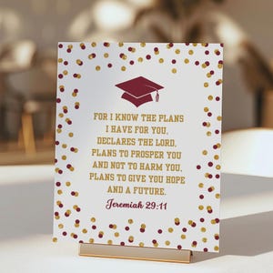Letrero de graduación con versículo bíblico: confeti burdeos y dorado (descarga digital), BUGR