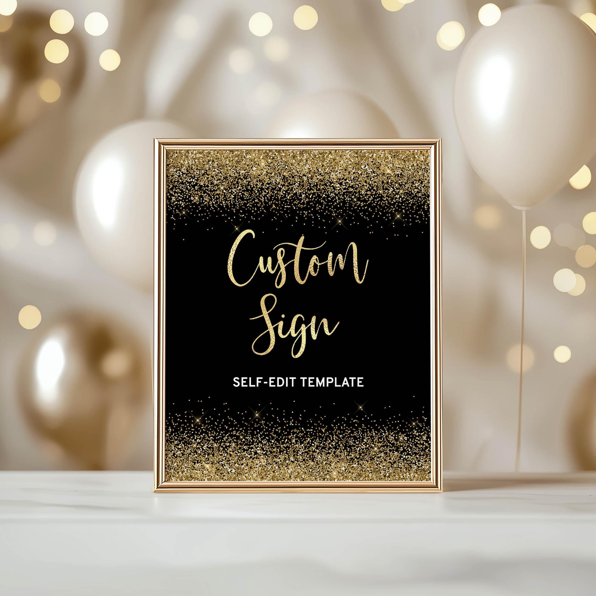 Black & Gold Glitter Custom Sign Template, Self-edit, BG2 - Etsy