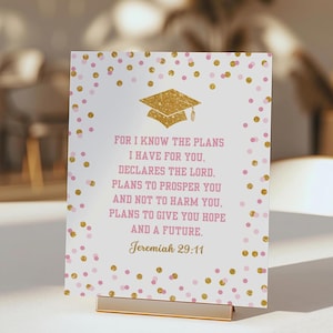 Bible Verse Graduation Party Sign, For I Know the Plans Pink & Gold, Instant Download, PGR