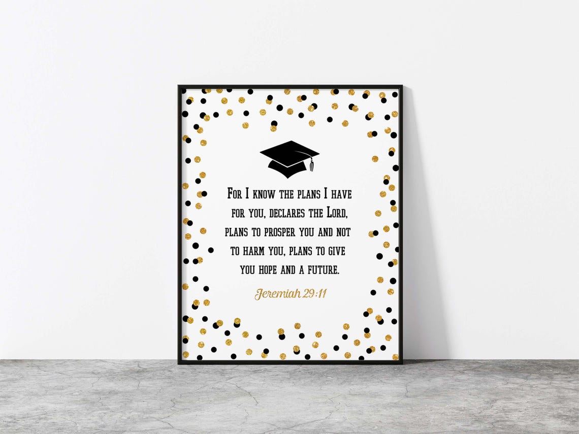 Scripture Labels Graduation Bible Verse Graduation Sign Template, Black & Gold Glitter, Self Edit ...