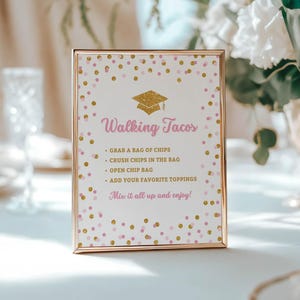 Letrero para fiesta de graduación "Tacos Caminantes Rosas y Dorados", descarga digital, PGR imagen 2