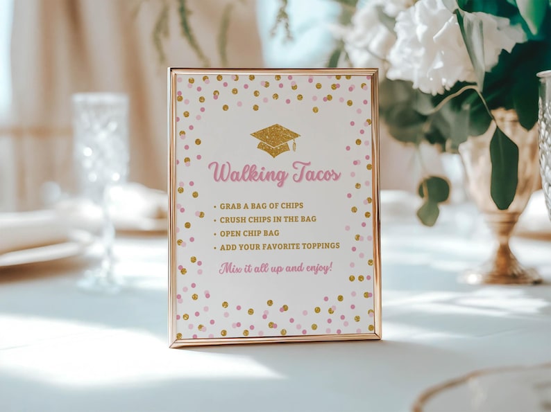 Letrero para fiesta de graduación "Tacos Caminantes Rosas y Dorados", descarga digital, PGR imagen 2