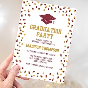 Plantilla de invitación de graduación color burdeos, autoeditable, Canva, BUGR