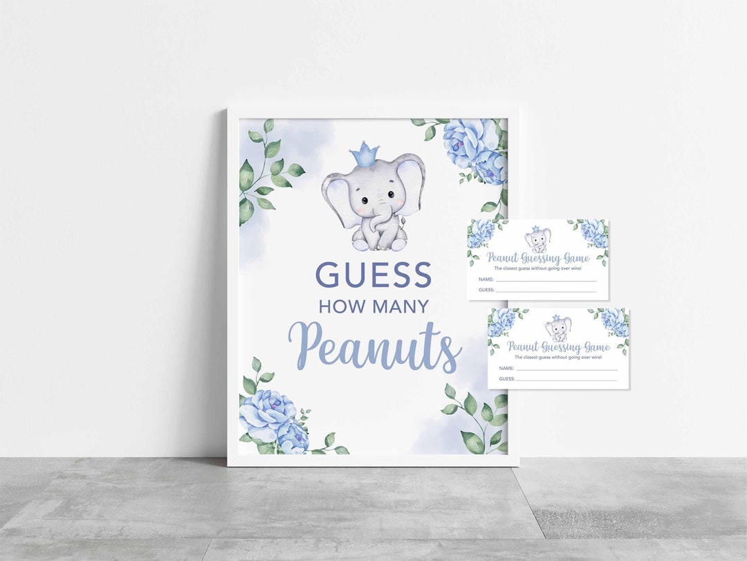 Peanut Guessing Game Sign & Tickets, Blue Elephant Shower Activity ...