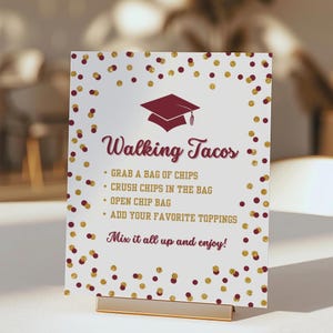 Letrero de fiesta de graduación de Walking Tacos, burdeos y dorado, descarga digital, BUGR