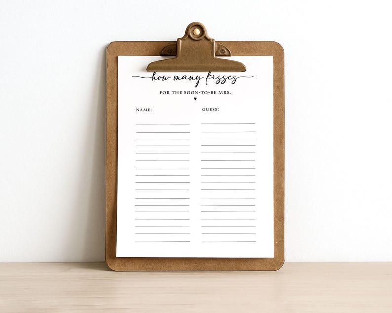 Minimalist Guess How Many Kisses for the Soon To Be Mrs. Bridal Shower Game Sheet Template, Self-Edit, Corjl