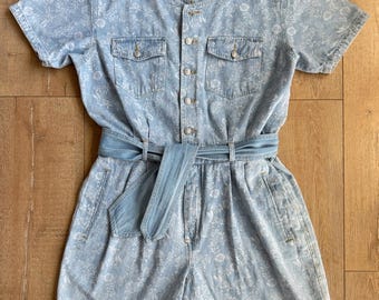 Vtg Gloria Vanderbilt Denim Floral Romper