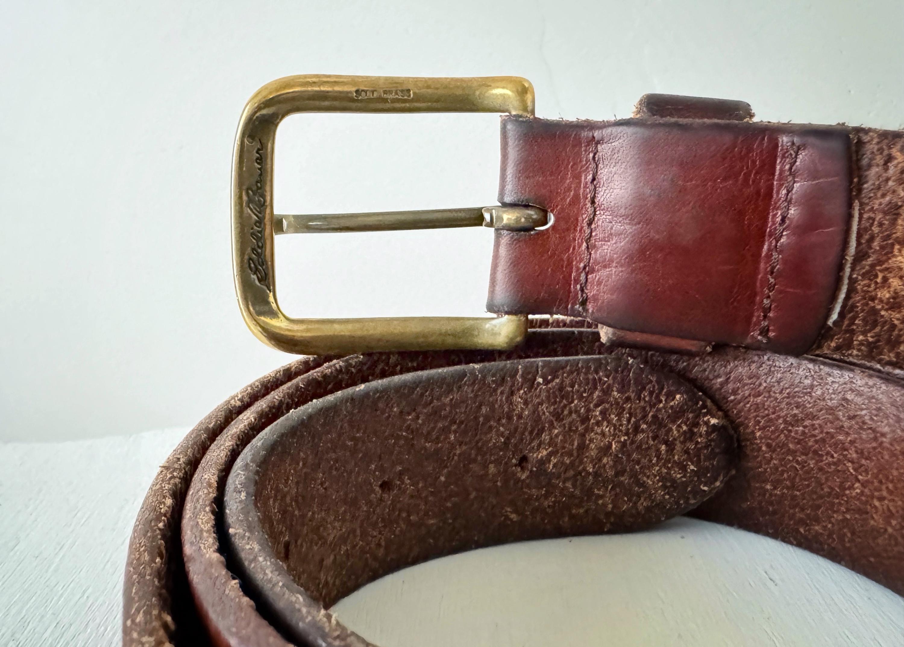 Vintage Eddie Bauer Medium Width Leather Belt Rectangular Brass Buckle Medium Vintage Eddie Bauer Italian Brown Leather Belt Brass Buckle  main image 2