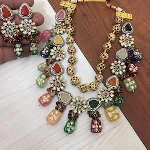 3 layer long Necklace set/Designer necklace set/Multi color set/Victorian Necklace/Long kundan necklace/Navratan set/sabyasachi jewelry/