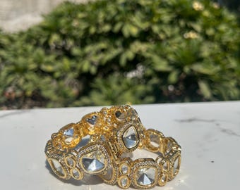 Moissanite Kundan Bangle Bracelet Set | Golden Silver Wedding Jewelry