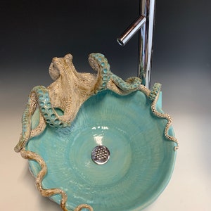 Large Hand made Ceramic Octopus Vessel Sink by Shayne Greco Beautiful Caribbean Blue Pottery