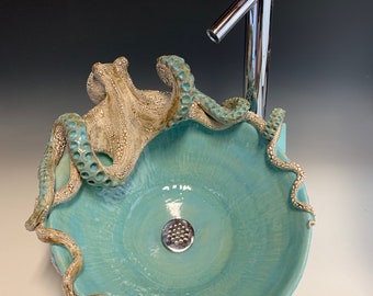 Large Hand made Ceramic Octopus Vessel Sink by Shayne Greco Beautiful Caribbean Blue Pottery